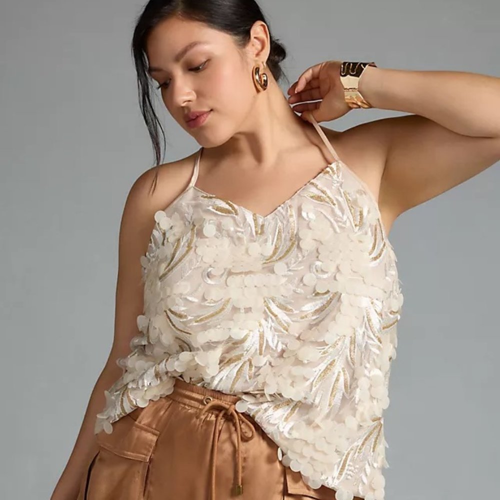 Anthropologie Cream Sequin Halter Top